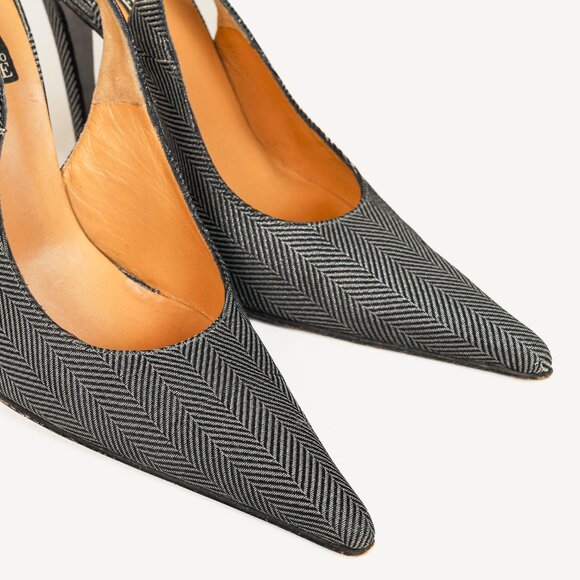 Gianfranco Ferre Silver & Black Metallic Herringbone Slingback Heels - Picture 6 of 9